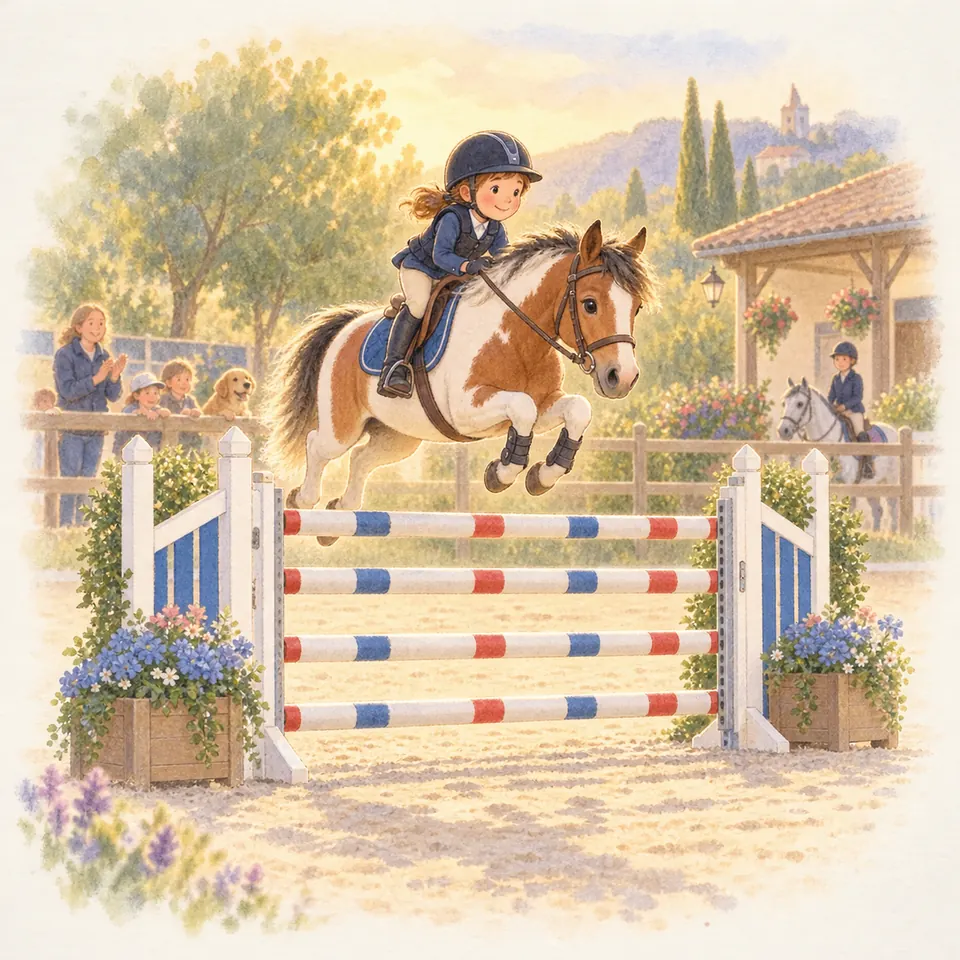 Une jeune cavalière et son poney pie bai sautent un obstacle à quatre barres colorées dans une carrière