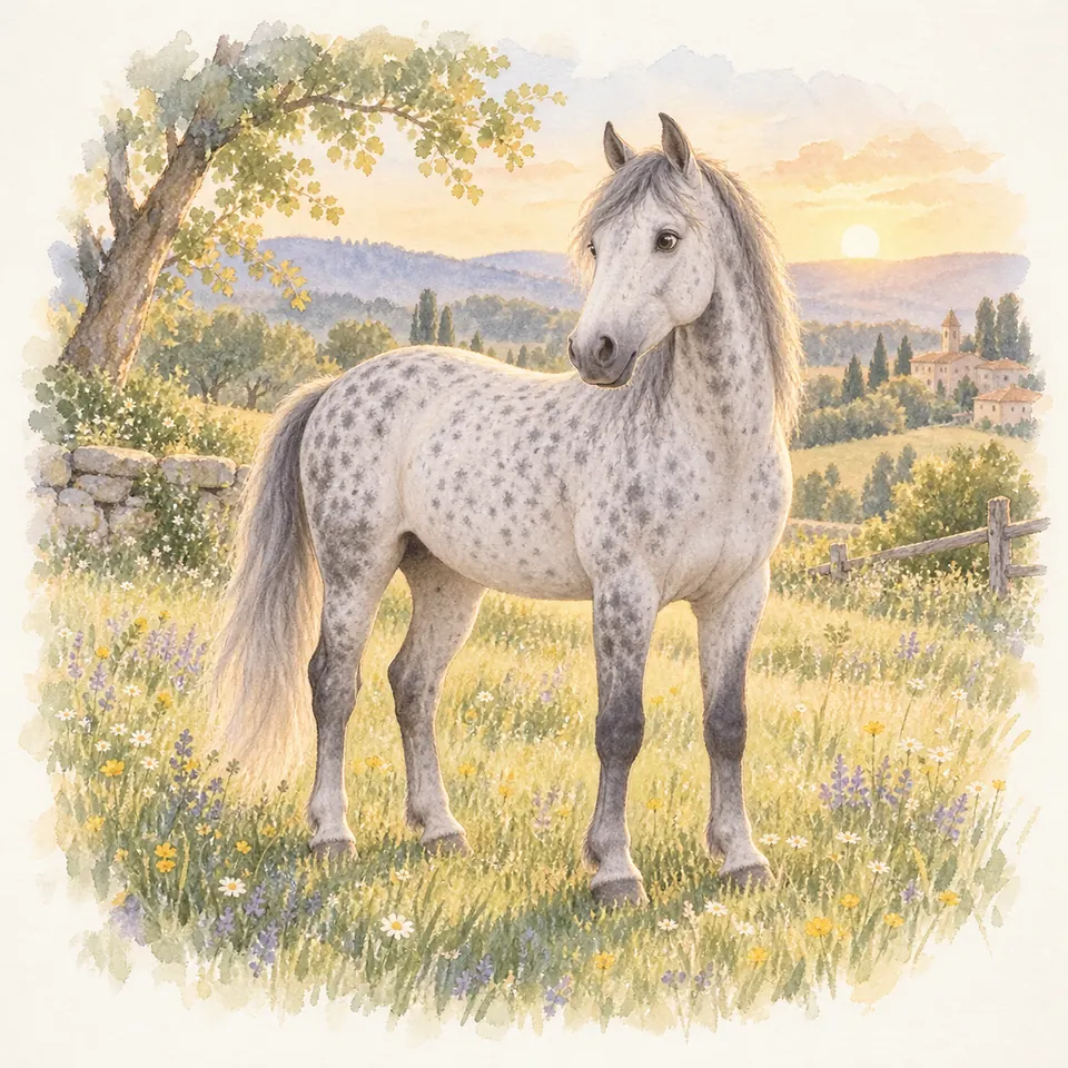 Un cheval gris moucheté, à la robe claire parsemée de petites taches sombres, se tient dans un pré fleuri