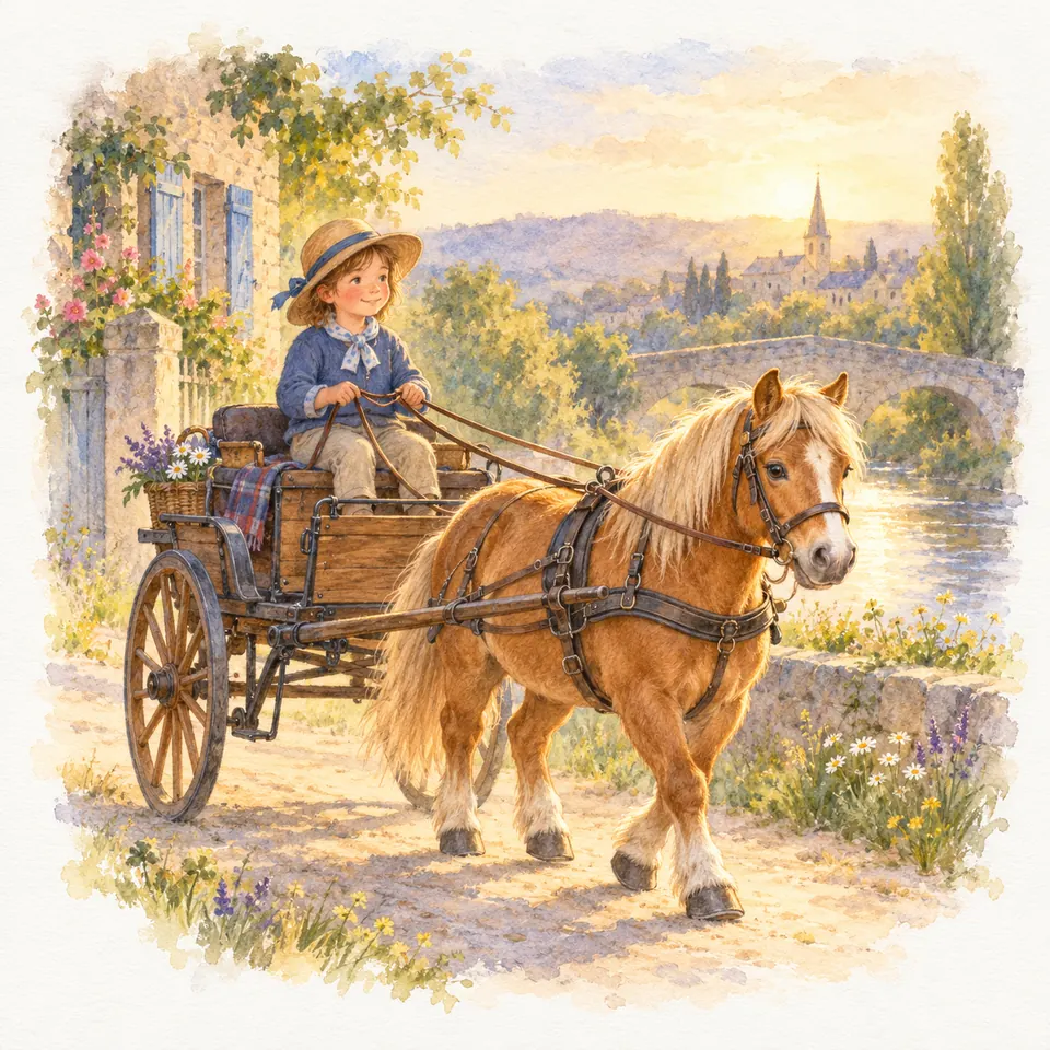 Un enfant tient les guides d’un poney palomino attelé à une voiture en bois sur un chemin près d’une rivière