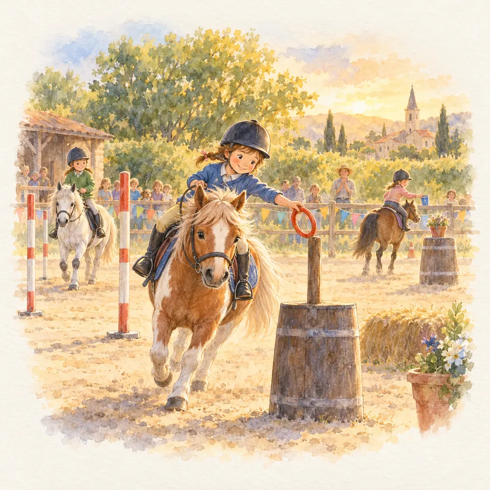 Une jeune cavalière sur un poney palomino tend un anneau vers un piquet fixé sur un tonneau dans un parcours de gymkhana