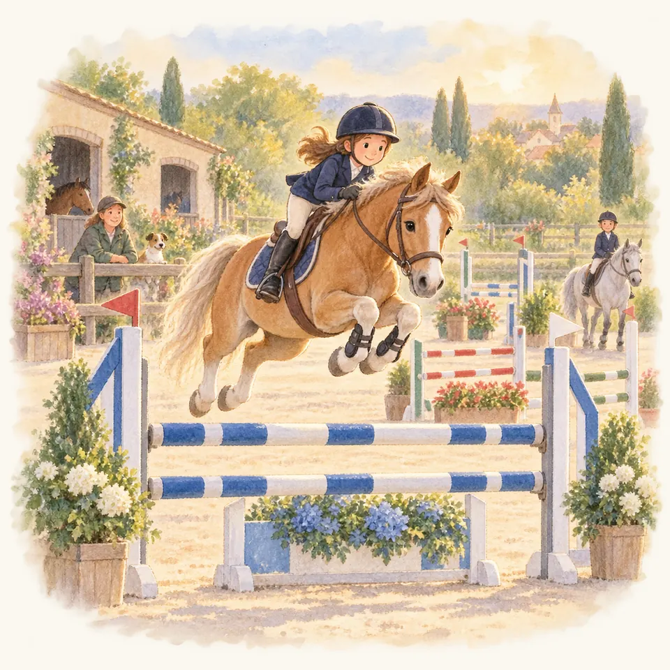 Une jeune cavalière en équilibre sur un poney palomino franchit un obstacle à barres bleues et blanches dans une carrière