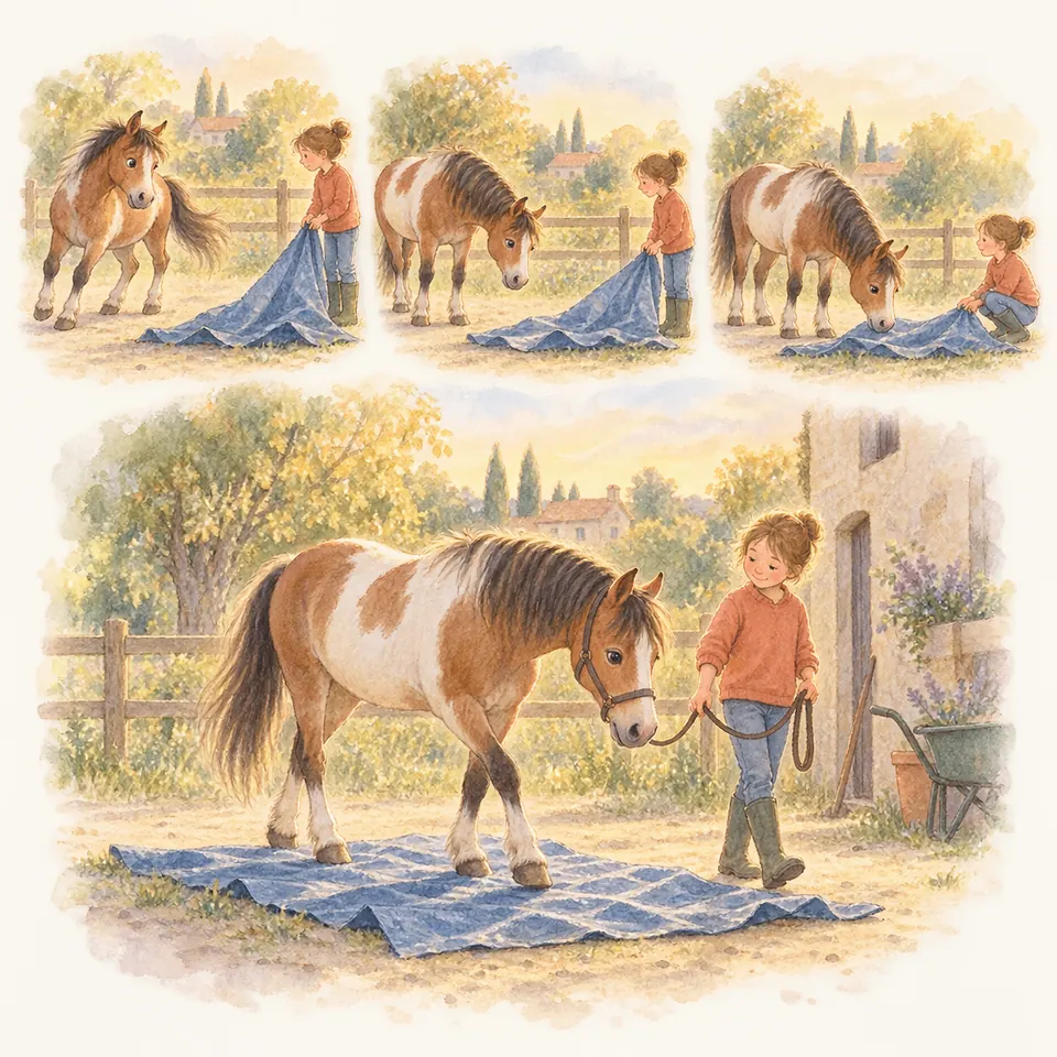 Un enfant mène un poney pie bai en longe sur une bâche bleue posée au sol dans la cour d’une écurie