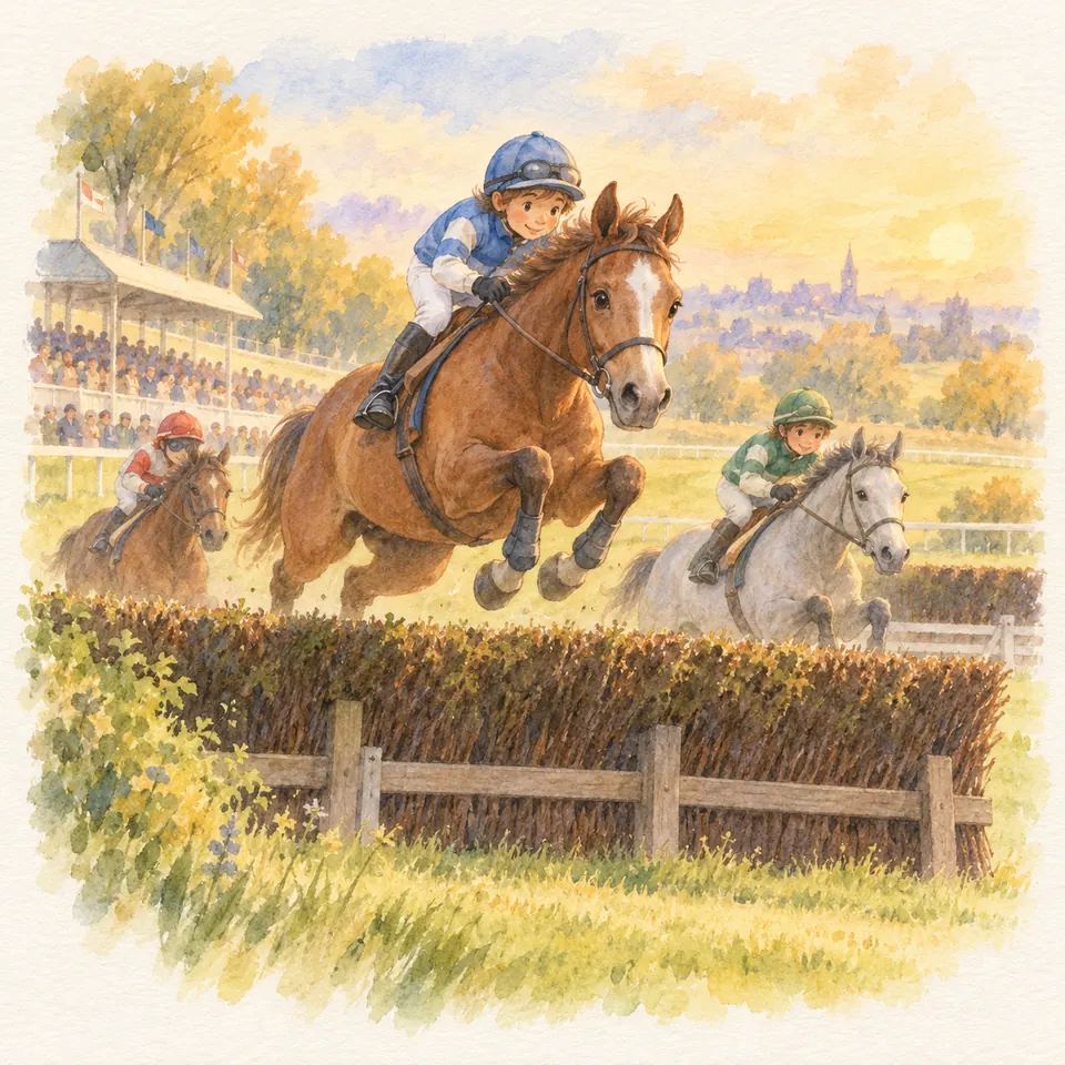 Des jockeys montés sur des chevaux alezans et gris franchissent une haie de broussailles sur un hippodrome