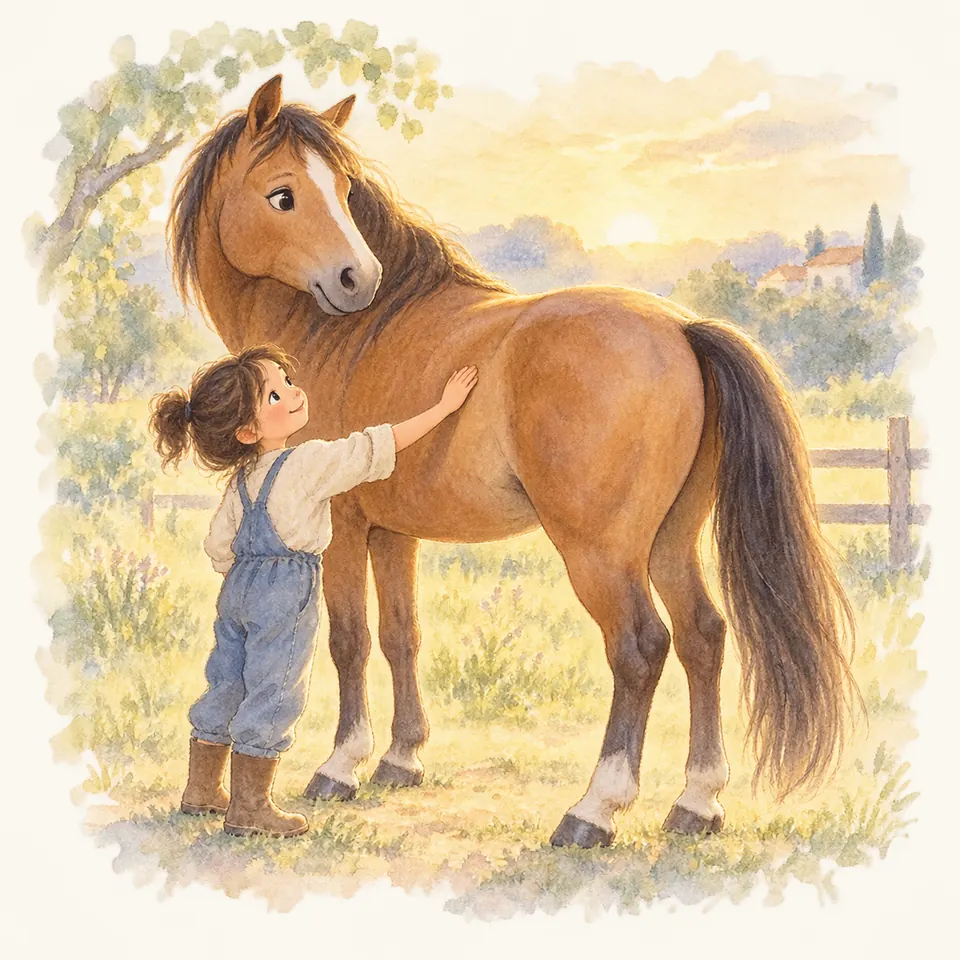 Une enfant pose la main sur la hanche d’un cheval bai debout dans un pré bordé d’une clôture en bois
