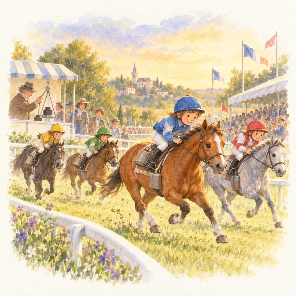 Des enfants en tenue de jockey montent des poneys alezan, gris, bai et noir au galop sur une piste devant les tribunes