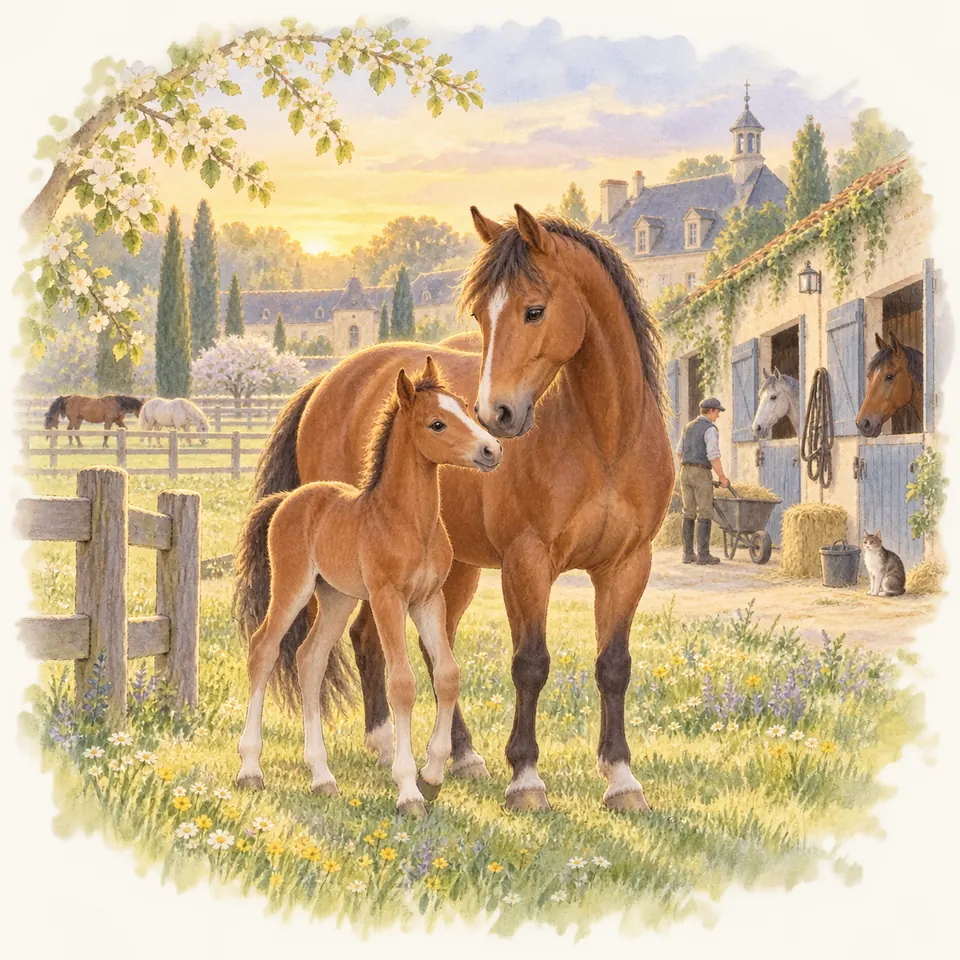 Un cheval bai et un poulain alezan se tiennent dans un pré devant les boxes d’un haras où travaille un palefrenier