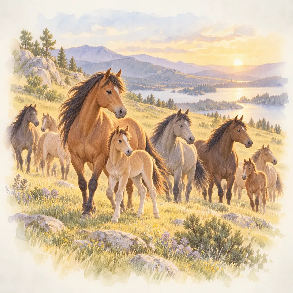 Une harde de chevaux bais, gris et alezans avec leurs poulains se tient dans une prairie dominant un lac et des montagnes