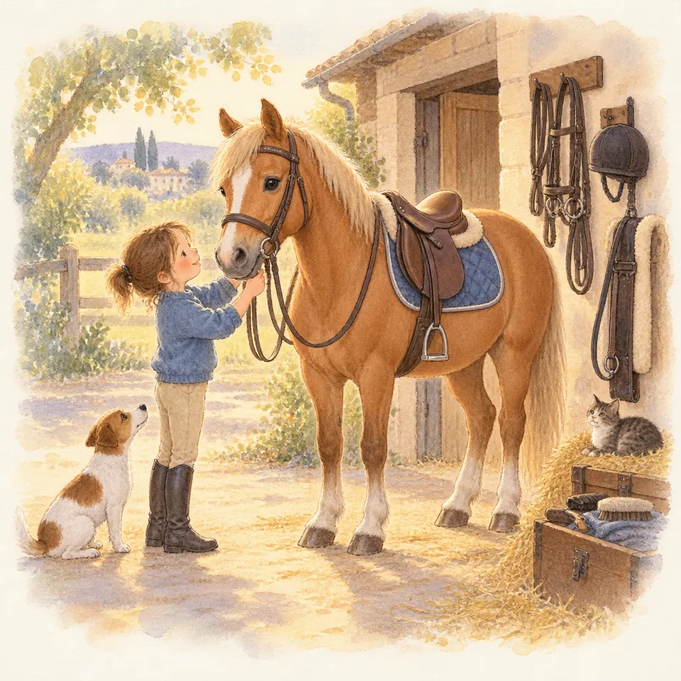 Une enfant ajuste le bridon d’un poney palomino équipé d’une selle et d’un tapis bleu devant une écurie