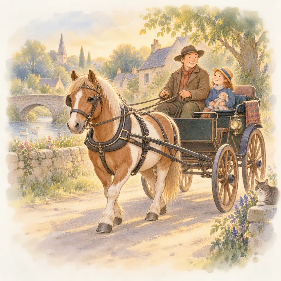 Un cheval palomino porte un harnais et tire une voiture à deux roues avec un meneur et une enfant sur un chemin