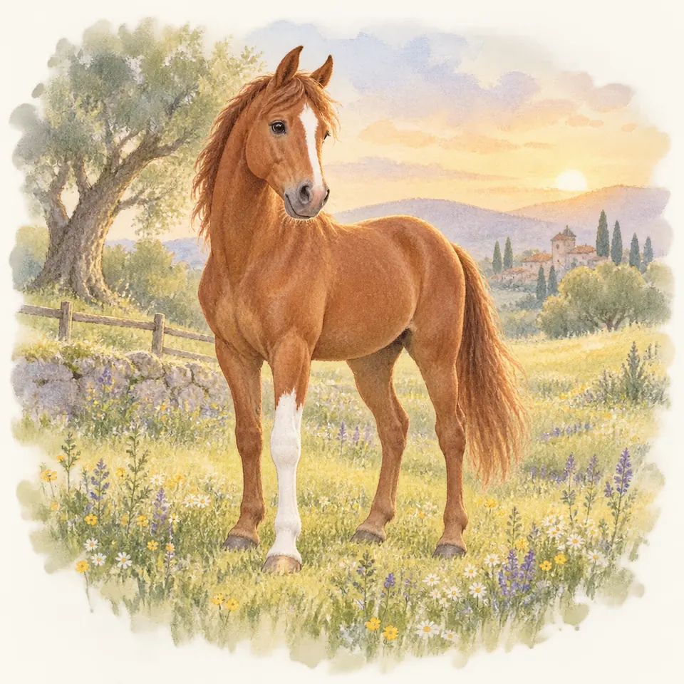 Un cheval alezan porte une haute balzane à un antérieur et une liste blanche, debout dans un pré fleuri