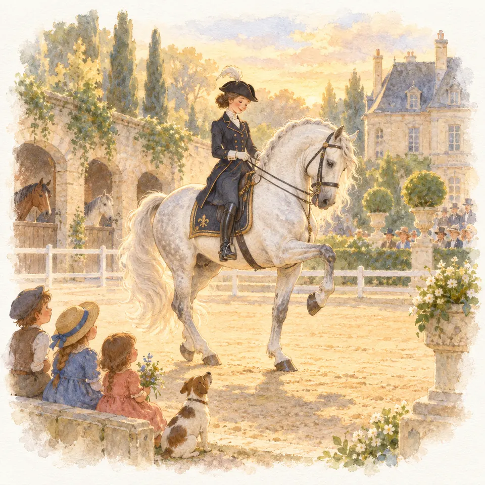 Une cavalière en tenue de haute école monte un cheval gris levant un antérieur dans une cour, devant des spectateurs