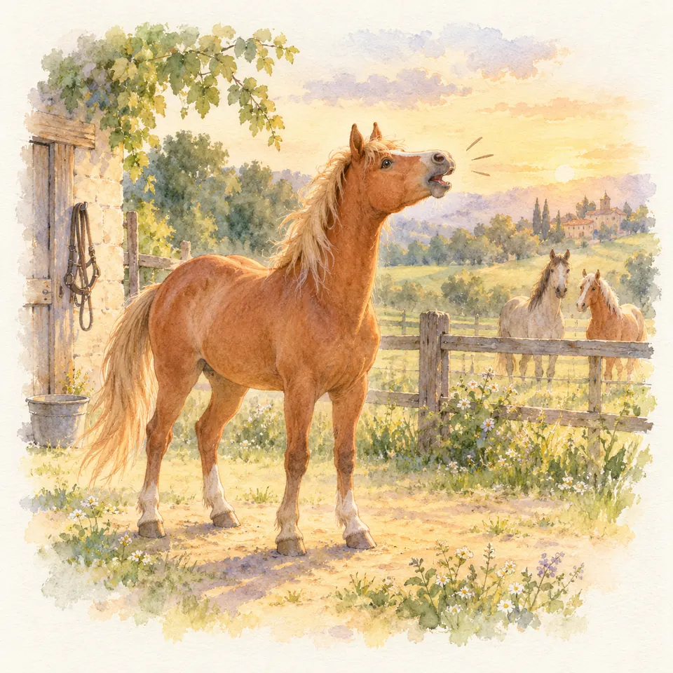Un cheval alezan hennit, la tête levée et la bouche ouverte, près d’une écurie et de deux chevaux derrière une clôture