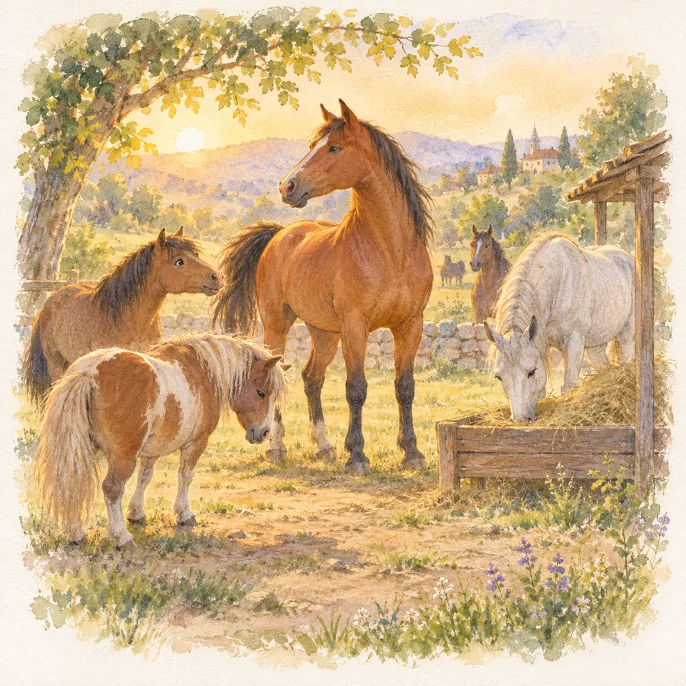Un cheval bai se tient parmi des poneys dans un pré, tandis qu’un cheval gris mange du foin sous un abri