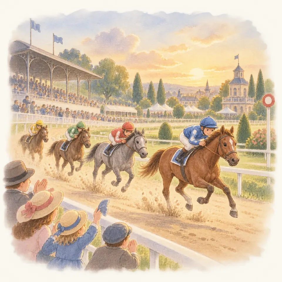 Des jockeys montent des chevaux au galop sur la piste d’un hippodrome, devant des tribunes remplies de spectateurs