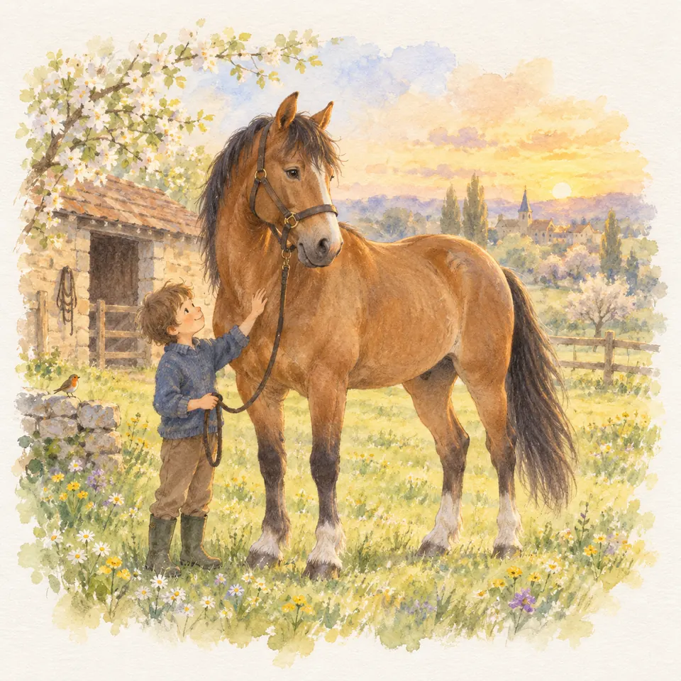 Un enfant tient la longe d’un cheval bai en licol et lui caresse l’encolure dans un pré fleuri près d’une écurie