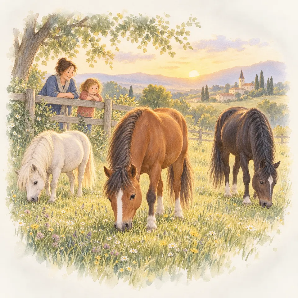 Un poney gris et deux chevaux bais broutent dans un pré fleuri, tandis qu’une femme et une enfant les regardent derrière la clôture