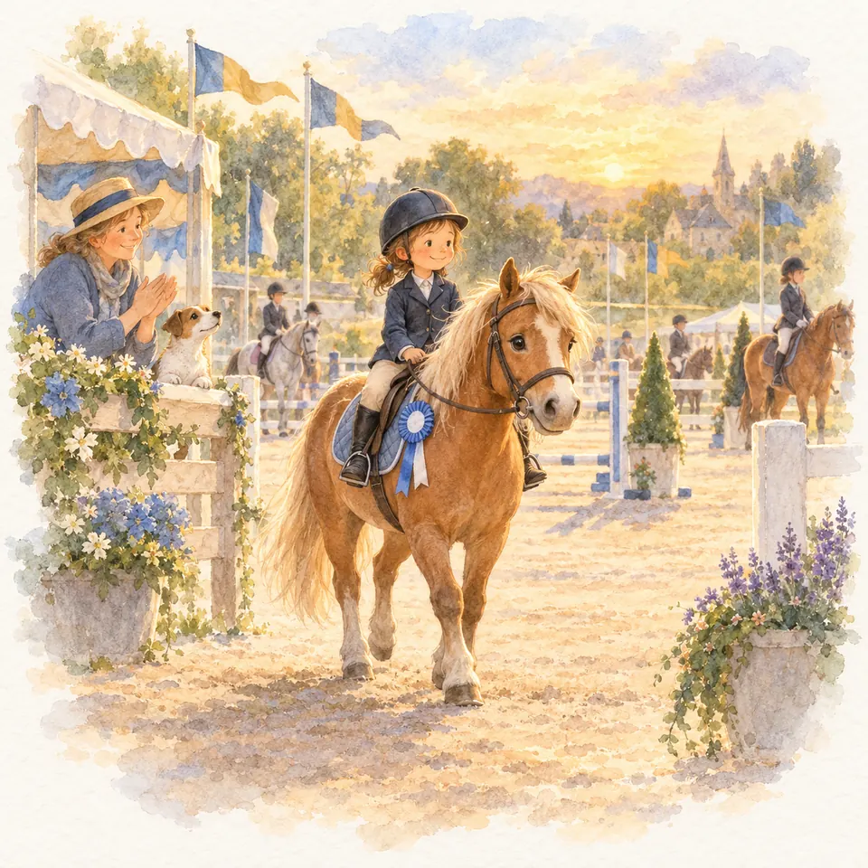 Une enfant monte un poney palomino portant une cocarde bleue, près des obstacles d’une carrière de concours