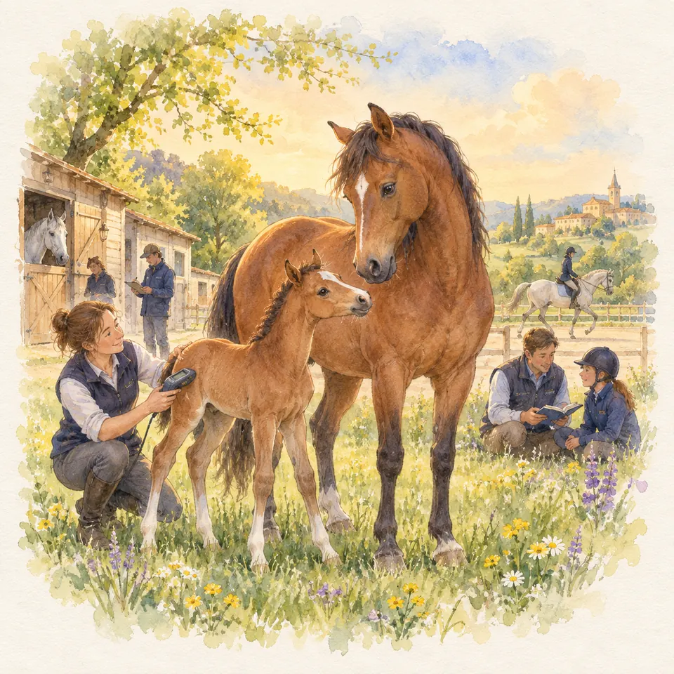 Une femme brosse un poulain alezan près d’un cheval bai, tandis qu’un adulte et une enfant consultent un livre