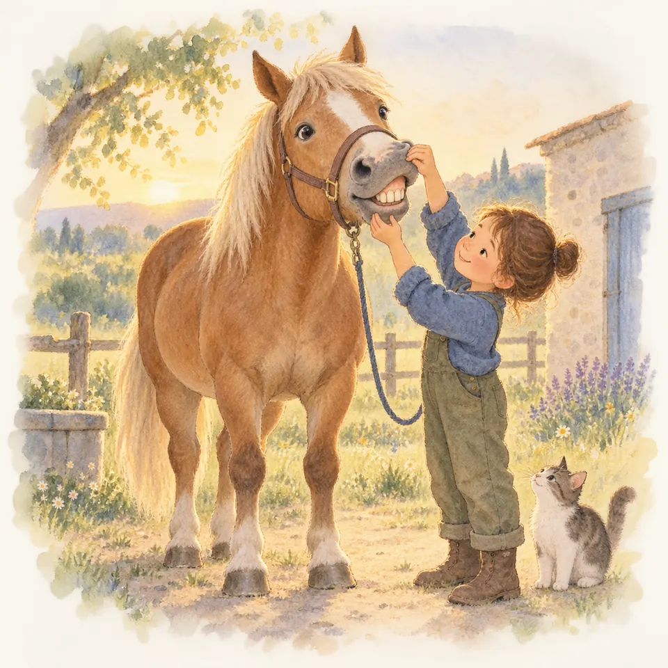 Une enfant soulève les lèvres d’un poney palomino pour regarder ses incisives, près d’une écurie et d’un chat