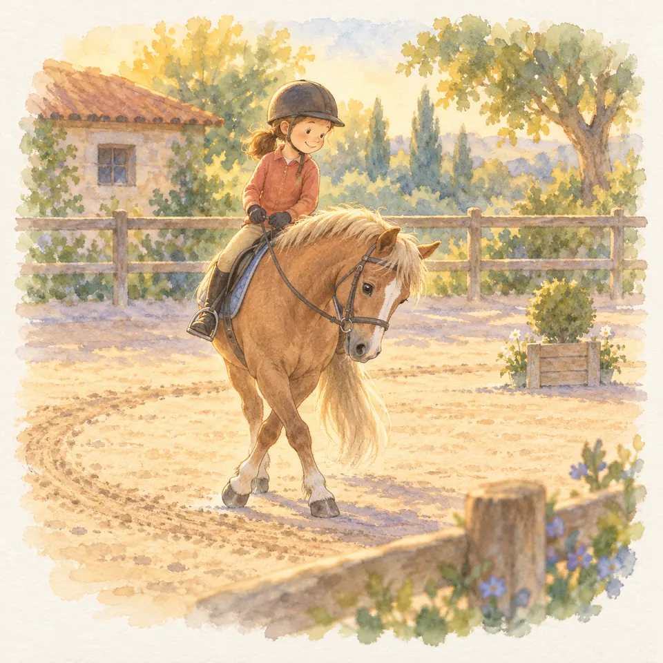 Une jeune cavalière guide un poney palomino sur une courbe dans une carrière, son encolure fléchie vers l’intérieur