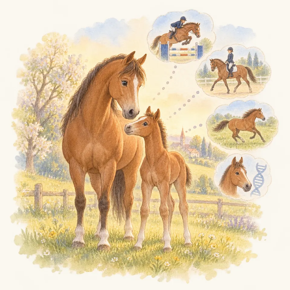 Un cheval bai et un poulain au pré, avec des bulles montrant le saut d’obstacles, un cheval monté et une hélice d’ADN