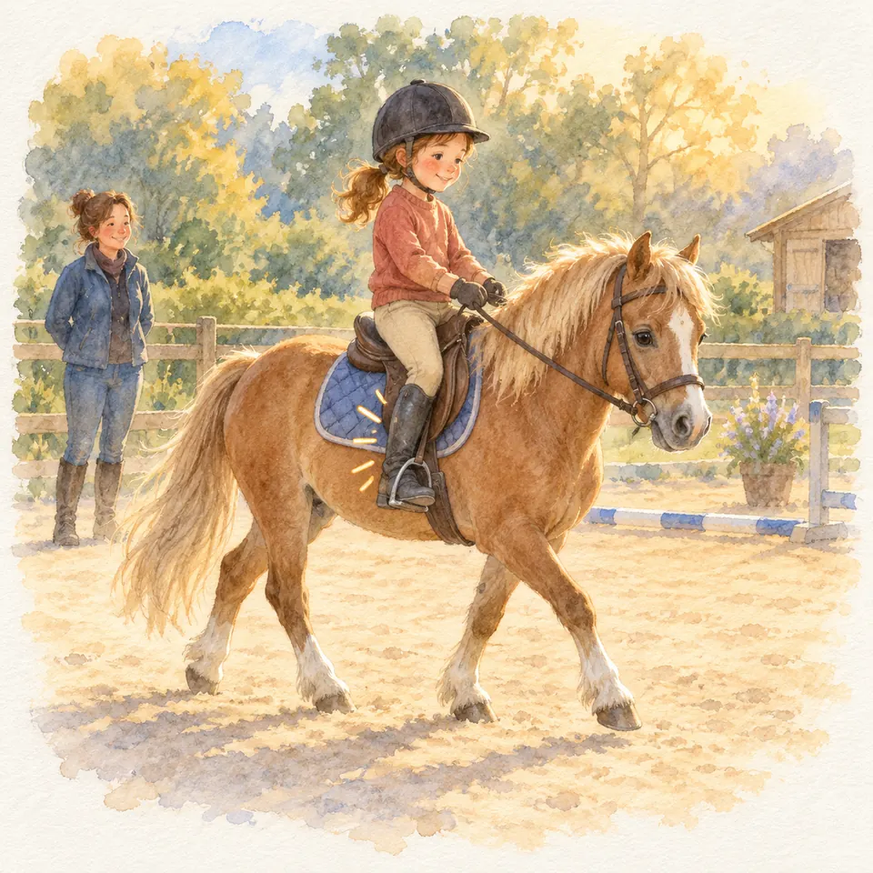 Une enfant monte un poney alezan aux crins clairs, les jambes au contact de ses flancs, sous le regard d’une monitrice