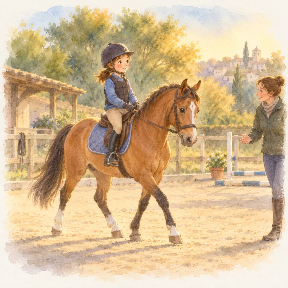 Une enfant garde sa jambe près de la sangle sur un poney bai dans une carrière, face à une monitrice qui la guide