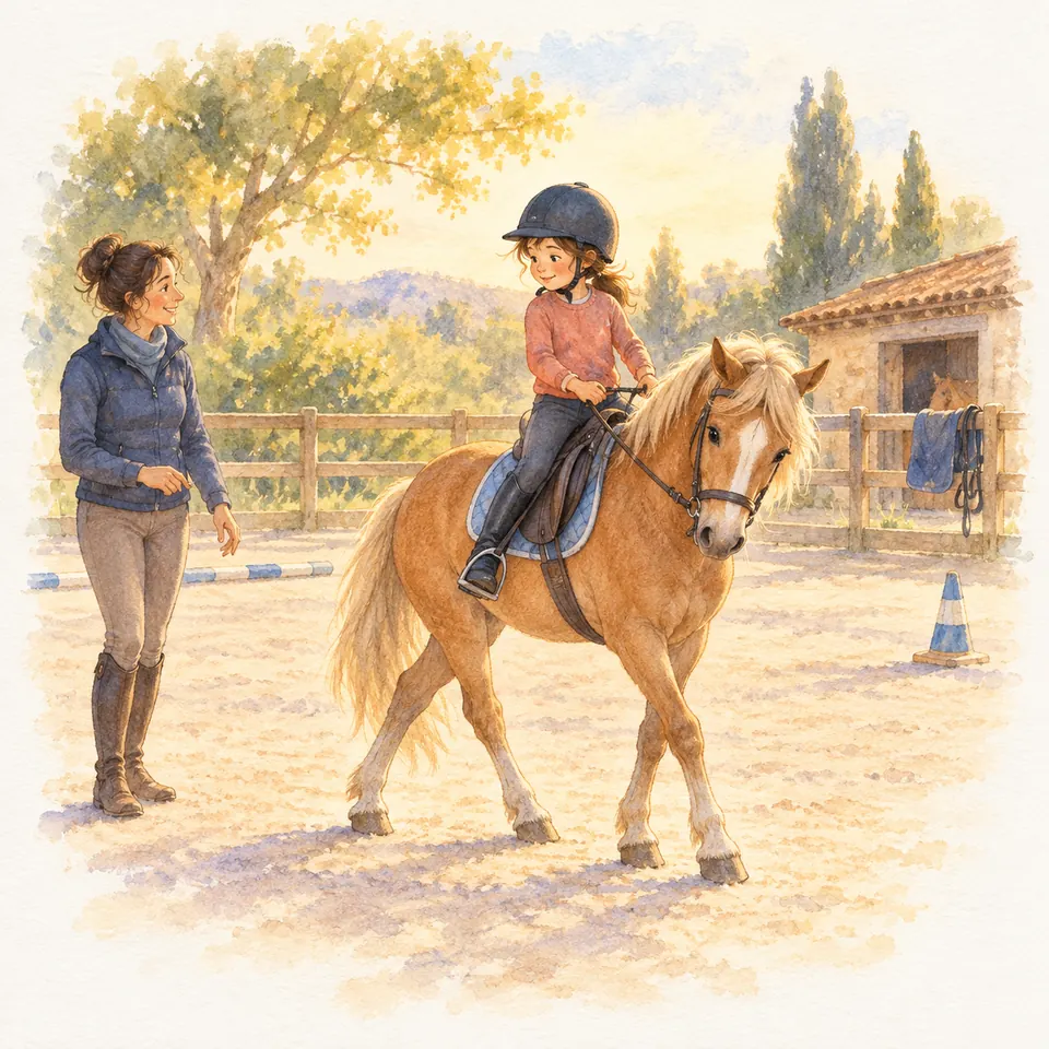 Une enfant recule une jambe sur un poney alezan aux crins clairs qui croise ses antérieurs, près d’une monitrice