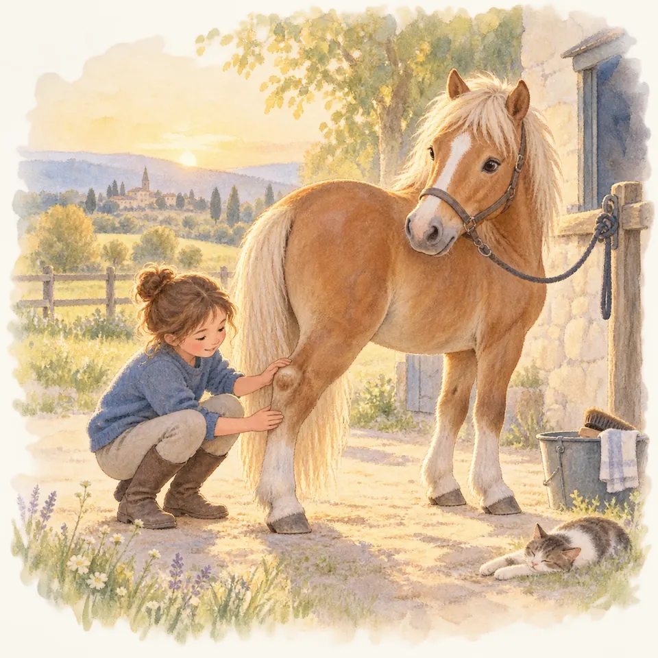 Une femme accroupie palpe le jarret d’un poney alezan aux crins clairs, attaché au licol devant une écurie