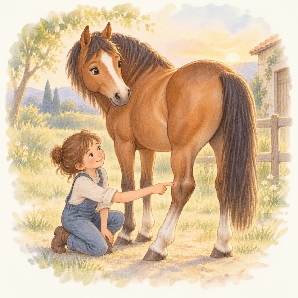 Une enfant agenouillée montre du doigt le jarret d’un poney bai debout près d’une clôture et d’une écurie