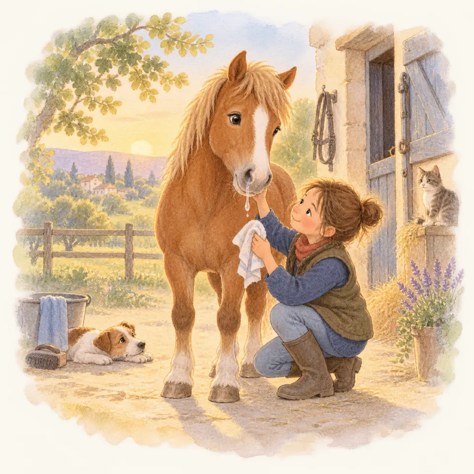 Une femme accroupie tient un linge sous les naseaux d’un poney alezan présentant un écoulement, devant une écurie