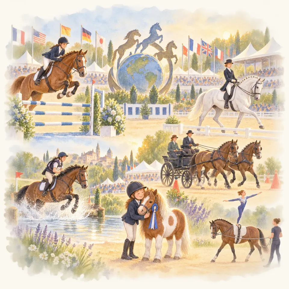 Des cavaliers en saut d’obstacles, dressage et cross côtoient un attelage et une voltigeuse parmi des drapeaux