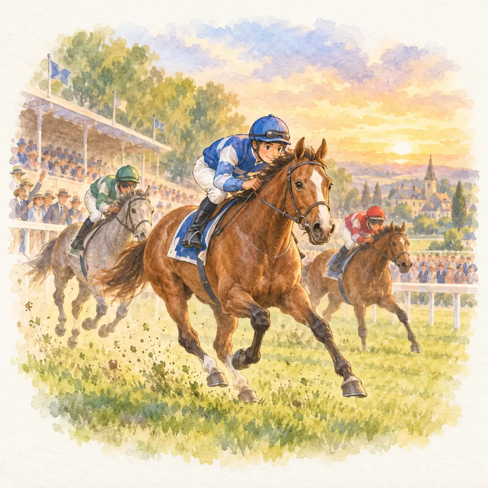 Un jockey en tenue bleue et blanche galope sur un cheval bai, devant deux concurrents et les tribunes de l’hippodrome