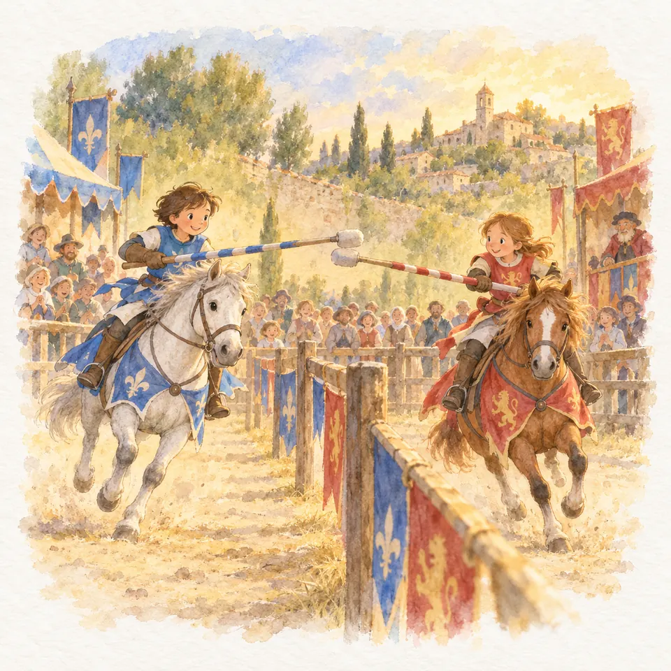 Deux enfants sur un poney gris et un poney alezan s’affrontent avec des lances de joute de part et d’autre d’une lice