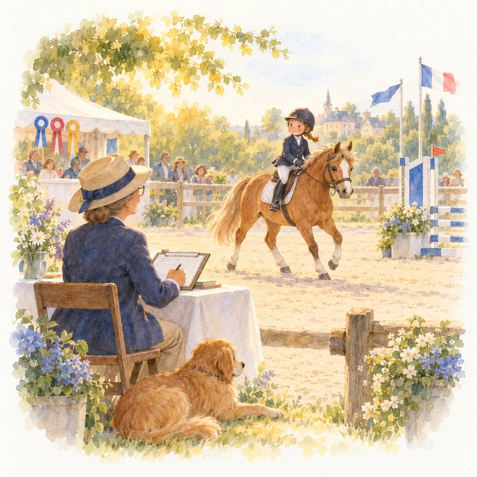 Une juge assise à une table prend des notes tandis qu’une enfant monte un poney alezan dans une carrière
