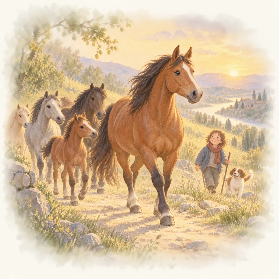 Une jument baie marche en tête de plusieurs chevaux et d’un poulain sur un chemin, près d’un enfant et de son chien