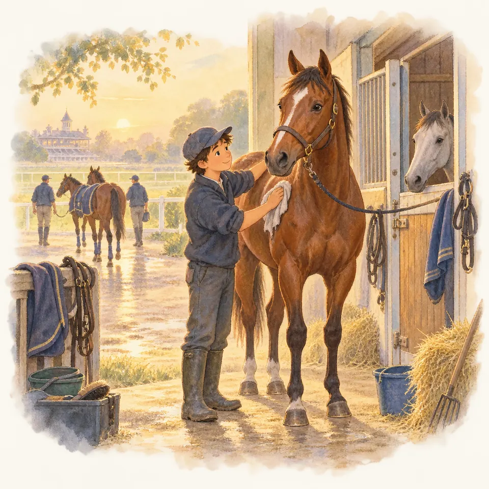Un lad passe un chiffon sur l’encolure d’un cheval bai tenu à l’attache devant les boxes d’une écurie