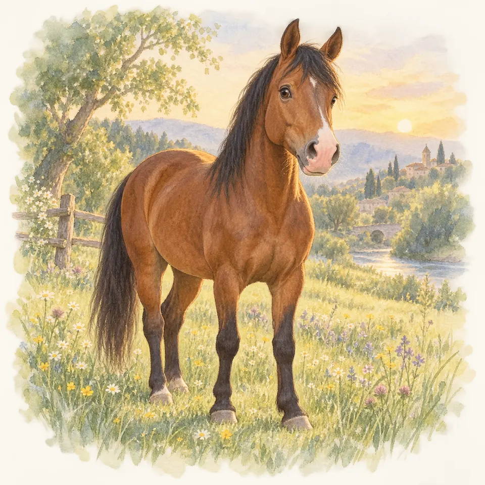 Un cheval bai au museau marqué d’une zone de peau rose se tient dans un pré fleuri bordé d’une clôture
