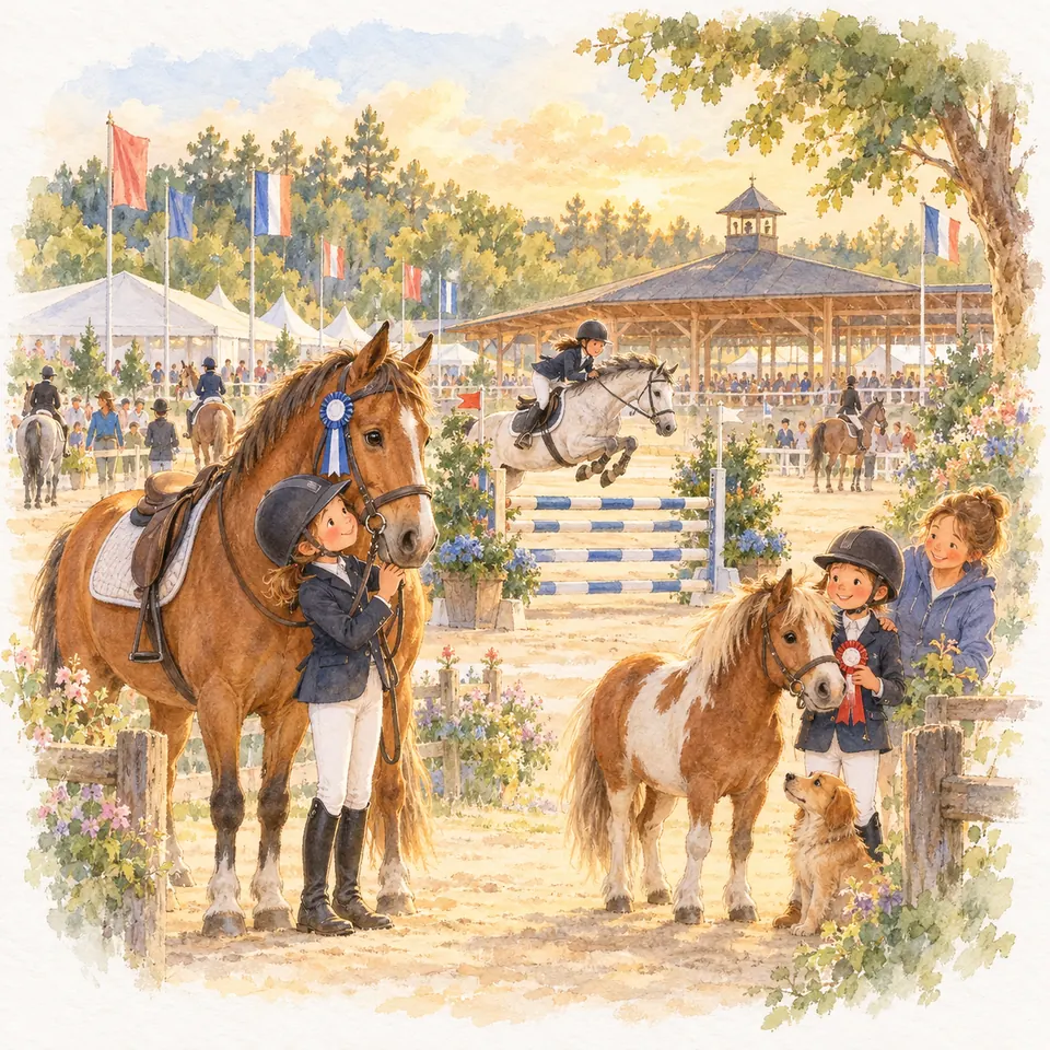 Des enfants tiennent un cheval alezan et un poney pie près d’une carrière où un cavalier franchit un obstacle sur un cheval gris