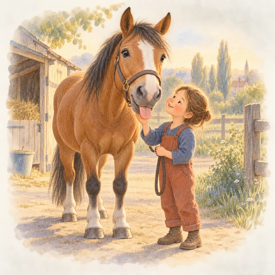 Un cheval bai tire la langue tandis qu’une enfant lui touche le dessous du menton devant une écurie