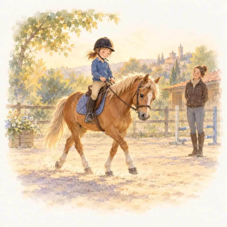 Une enfant monte un poney alezan aux crins clairs, les rênes souples, sous le regard d’une monitrice dans une carrière