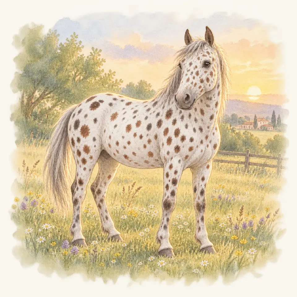 Un cheval à la robe léopard, blanche tachetée de brun, se tient dans un pré fleuri bordé d’une clôture en bois