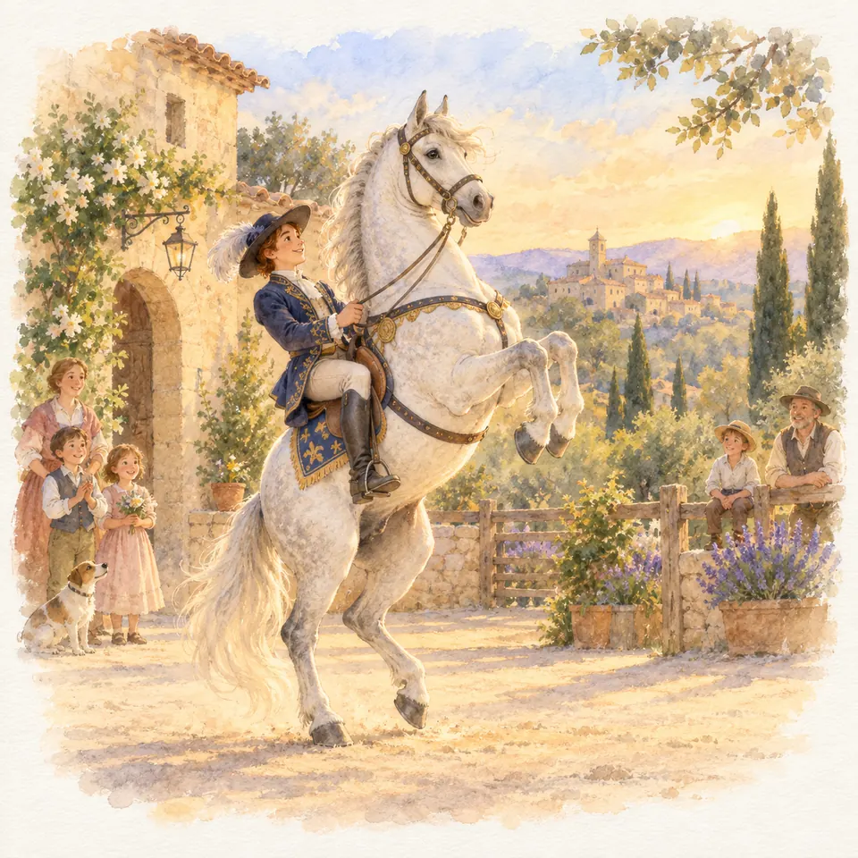 Un cavalier en tenue ancienne monte un cheval gris en levade, les antérieurs repliés, devant des spectateurs dans une cour