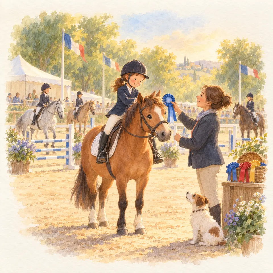 Une cavalière sur un poney alezan reçoit un flot bleu des mains d’une femme sur un terrain de concours de saut d’obstacles