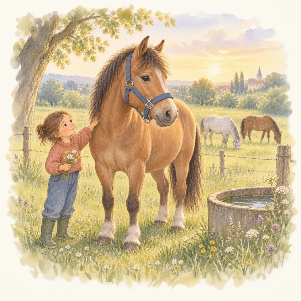 Une enfant caresse l’encolure d’un poney bai portant un licol bleu dans un pré, près d’un abreuvoir
