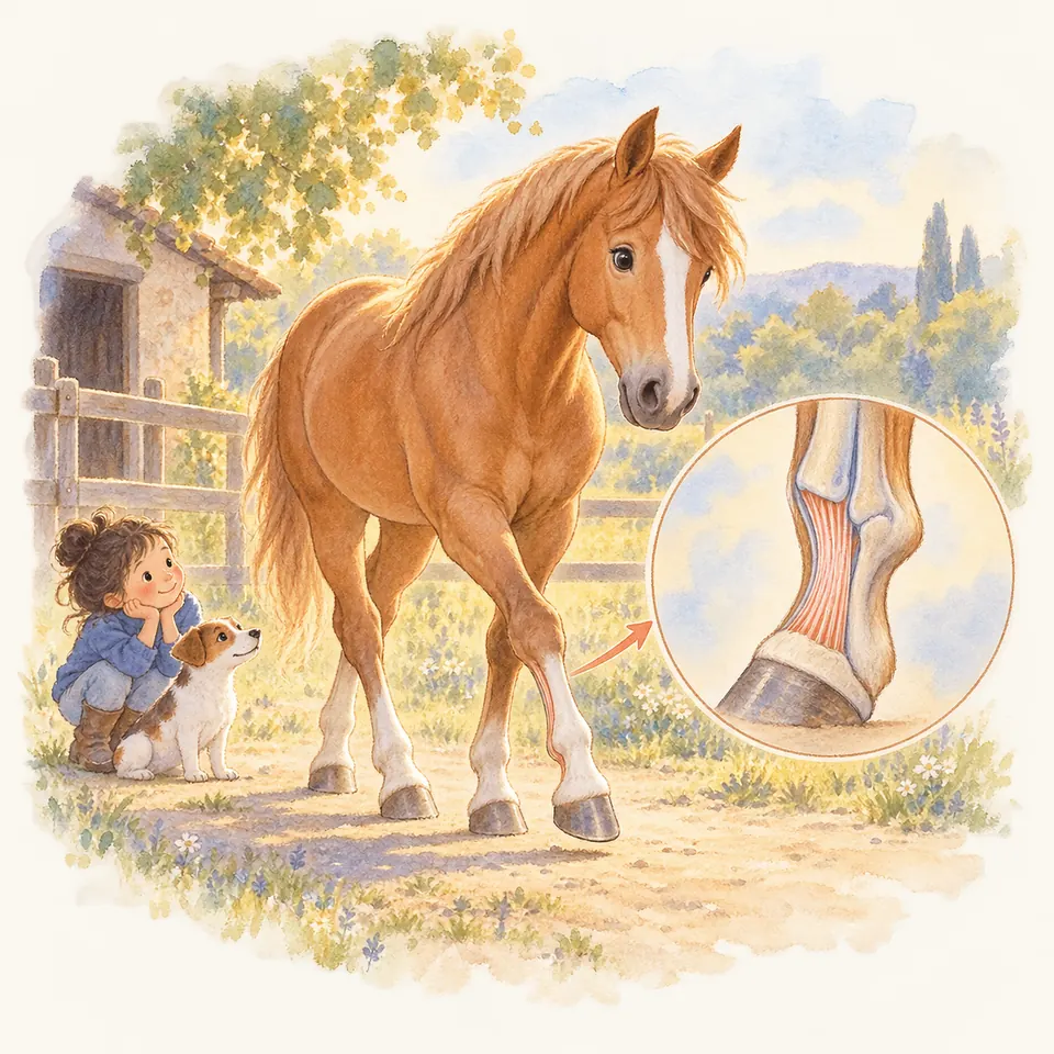 Un cheval alezan lève un antérieur près d’un enfant et d’un chien, avec un détail anatomique du ligament suspenseur