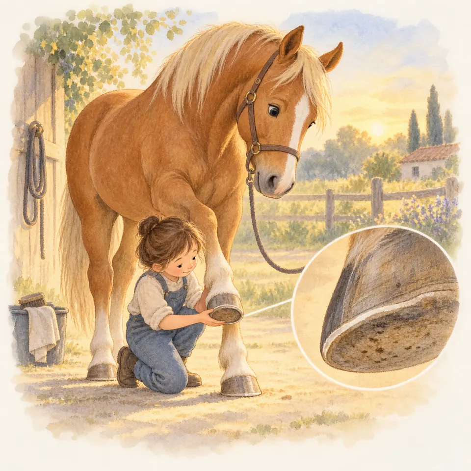 Un enfant tient un sabot antérieur d’un cheval palomino près de l’écurie, avec un détail de la ligne blanche sous le sabot