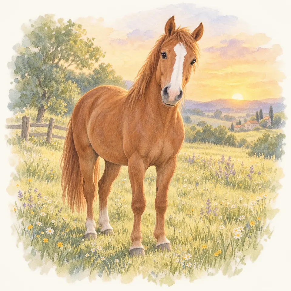 Un cheval alezan portant une large liste blanche sur le chanfrein se tient dans un pré fleuri bordé d’une clôture