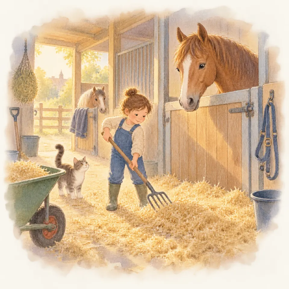 Une enfant étale la paille à la fourche devant un box, sous le regard d’un cheval alezan passant la tête par la porte