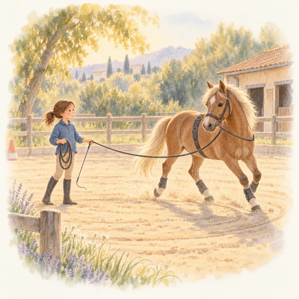 Une jeune fille longe un poney palomino au trot dans une carrière, une chambrière à la main et des protections aux membres